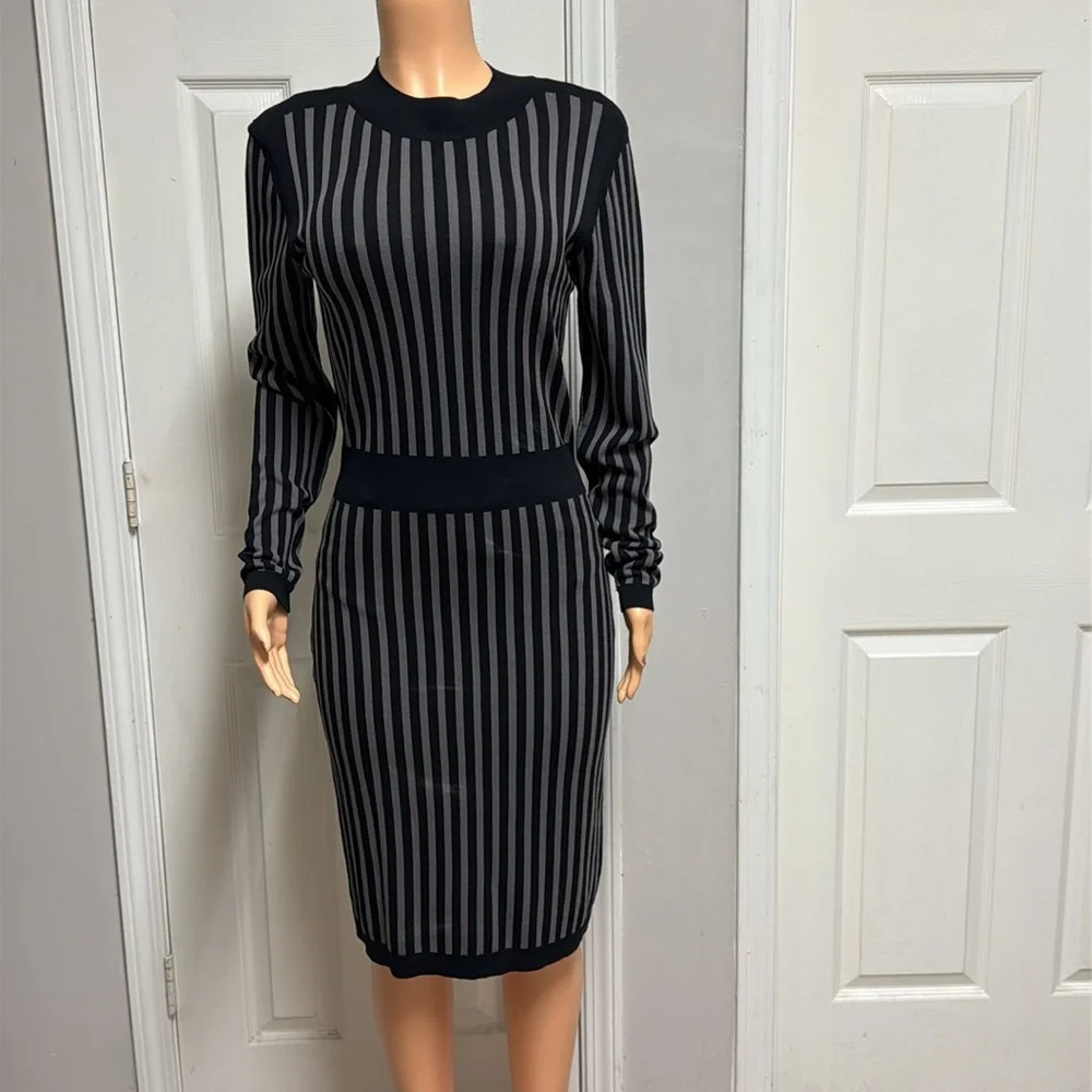 Y.A.S. Long Sleeve, Ribbed Knit Dress with Black and Grey Eegant Striped Dress - Picture 2 of 16